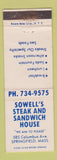 Matchbook Cover - Sowell's Steak and Sandwich House Springfield MA