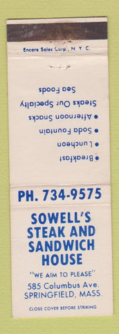 Matchbook Cover - Sowell's Steak and Sandwich House Springfield MA