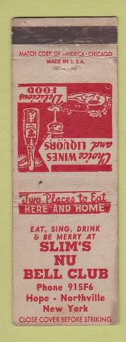 Matchbook Cover - Slim's Nu Bell Club Hope Northville NY WEAR
