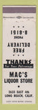 Matchbook Cover - Mac's Liquor Store Long Beach CA WEAR