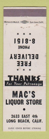 Matchbook Cover - Mac's Liquor Store Long Beach CA WEAR