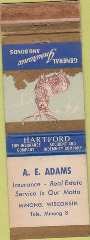 Matchbook Cover - Hartford Insurance AE Adams Minong WI