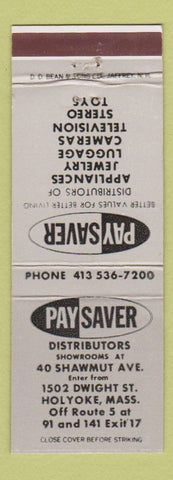 Matchbook Cover - Pay Saver Appliances TV Stereo Toys Holyoke MA DD Bean