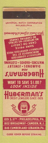 Matchbook Cover - Huberman's Credit Jewelers Philadelphia Lebanon PA Camden NJ