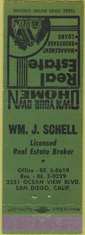 Matchbook Cover - WM Schell Real Estate San Diego CA green