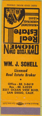 Matchbook Cover - WM Schell Real Estate San Diego CA yellow