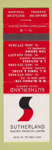 Matchbook Cover - Sutherland Electric Products Montreal QC Toronto ON