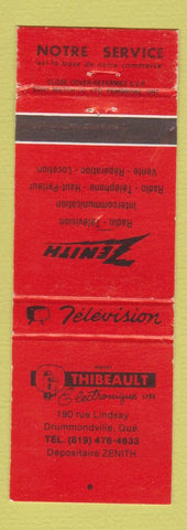 Matchbook Cover - Robert Thibeault Electronique TV Drummondville QC Zenith WEAR