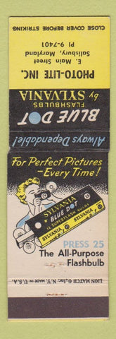 Matchbook Cover - Sylvania Blue Dot Flash Bulbs Camera Photo Lite Salisbury MD