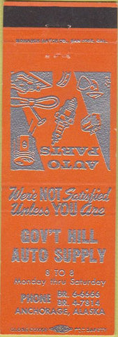 Matchbook Cover - Government Hill Auto Supply Anchorage AK orange