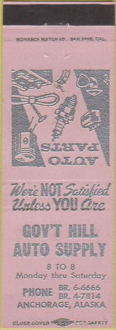 Matchbook Cover - Government Hill Auto Supply Anchorage AK purple