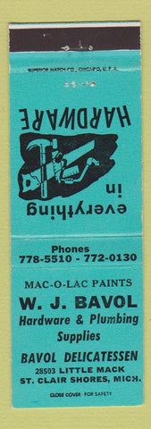Matchbook Cover - Bavol Hardware Mac O Lac Paints St Clair Shores MI TEAL