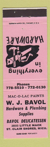 Matchbook Cover Bavol Hardware Mac O Lac Paints St Clair Shores MI PINK