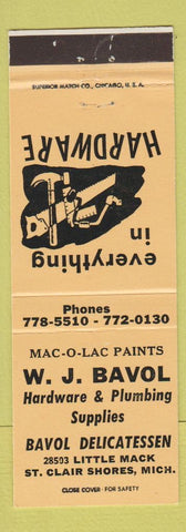 Matchbook Cover - Bavol Hardware Mac O Lac Paints St Clair Shores MI PEACH