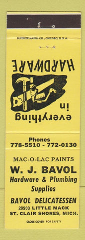 Matchbook Cover - Bavol Hardware Mac O Lac Paints St Clair Shores MI YELLOW