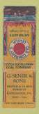 Matchbook Cover - Lehigh Coal G Sener Sons Lancaster PA POOR