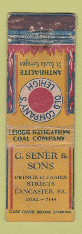 Matchbook Cover - Lehigh Coal G Sener Sons Lancaster PA POOR