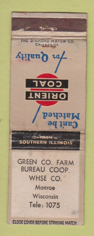 Matchbook Cover - Orient Coal Green Farm Bureau Monroe WI WORN