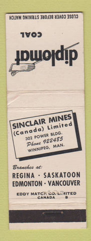 Matchbook Cover - Diplomat Coal Winnipeg MB Sinclair Mines