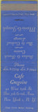 Matchbook Cover - Cafe Gregorie New York City