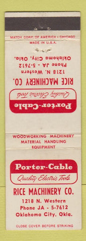 Matchbook Cover - Porter Cable Electric Tools Rice Machinery Oklahoma City OK
