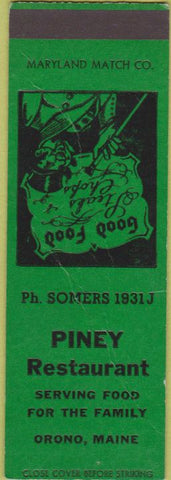 Matchbook Cover - Piney Restaurant Orono ME CREASED SAMPLE