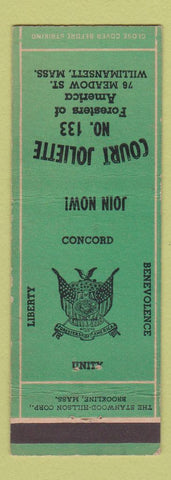 Matchbook Cover - Court Joliette Willimansett MA Foresters of America