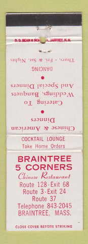 Matchbook Cover - Barintree 5 Corners Chinese Restaurant MA DD Bean WEAR