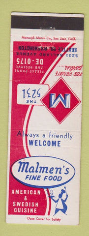 Matchbook Cover - Malmen's Fine Food Swedish Seattle WA