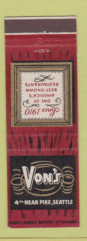 Matchbook Cover - Von's Restaurant Seattle WA