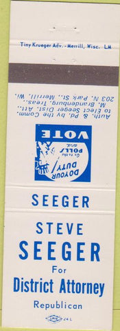 Matchbook Cover - Steve Seeger Districk Attorney St Merrill WI