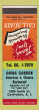 Matchbook Cover - China Garden Chinese Restaurant Centredale RI