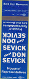 Matchbook Cover - Don Sevick House of Represenatives Traverse City MI
