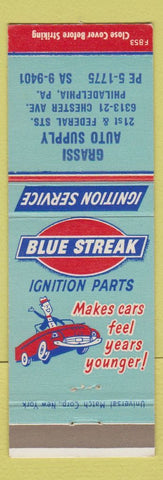 Matchbook Cover - Blue Streak Ignition Parks Grassi Parts Philadelphia PA