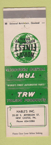 Matchbook Cover - Toledo Products Auto Parts Hable's New Castle PA
