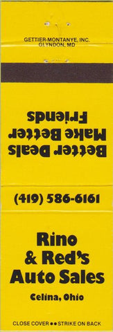 Matchbook Cover - Rino Red's Auto Sales Celina OH