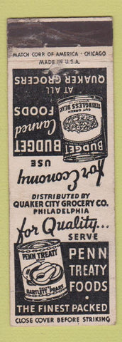 Matchbook Cover - Penn Treaty Foods Canned Pears Beans WEAR