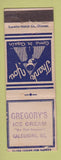 Matchbook Cover - Gregory's Ice Cream Galesburg IL STAMPED