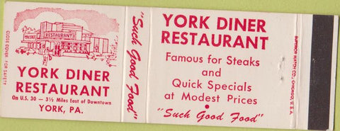 Matchbook Cover - York Diner Restaurant York PA