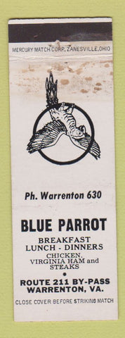Matchbook Cover - Blue Parrot Restaurant Warrenton VA WHITE STAINED