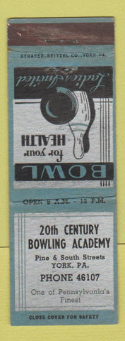 Matchbook Cover - 20th Century Bowling Academy York PA POOR BACK