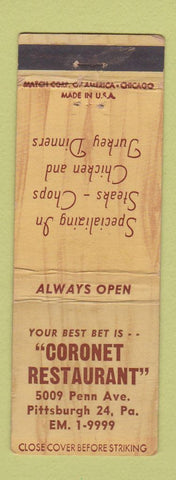 Matchbook Cover - Coronet Restaurant Pittsburgh PA WEAR