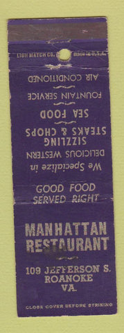 Matchbook Cover - Manhattan Restaurant Roanoke VA WEAR