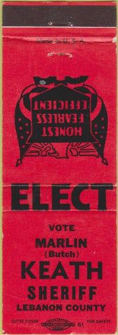 Matchbook Cover - Marlin Keath Sheriff Lebanon County PA