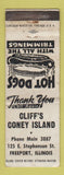 Matchbook Cover - Cliff's Coney Island Freeport IL WORN