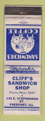 Matchbook Cover - Cliff's Sandwich Shop Freeport IL WORN