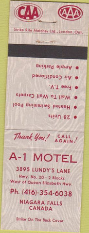 Matchbook Cover - A-1 Motel Niagara Falls ON