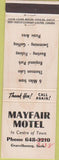 Matchbook Cover - Mayfair Motel Gravelbourg SK