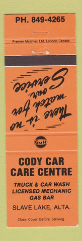 Matchbook Cover - Gulf oil gas Cody Car Care Centre Slave Lake AB #1