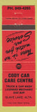 Matchbook Cover - Gulf oil gas Cody Car Care Centre Slave Lake AB #2